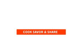 an orange sign that says cook savor and share with the words,'cook savor & share '