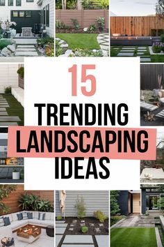 the words trending landscaping ideas are overlaid by pictures of different types of outdoor furniture