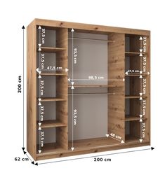 an image of a wooden bookcase with measurements for the shelves and doors on each side