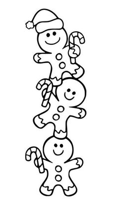 a black and white line drawing of three gingerbread men with candy canes in their hands