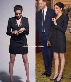 two pictures of people in suits and one is looking at her cell phone while standing next to each other