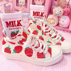 Strawberry Nike Shoes, Strawberry Fashion, Strawberry Shoes, Converse Strawberry And Bees, Fun Shoes, Sanario Shoes, Casual Strawberry Print Bottoms, Kawaii Strawberry Shoes, Kawaii Shoes