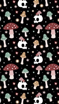 a black background with mushrooms and stars