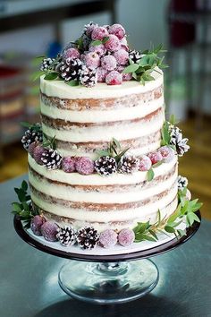 a frosted cake with berries and pine cones on top is sitting on a table