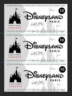 three tickets for disneyland paris with the castle in black and white