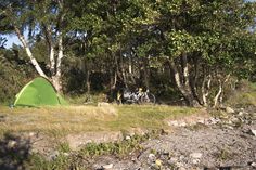 a tent pitched up in the woods next to a bicycle parked near some rocks and trees