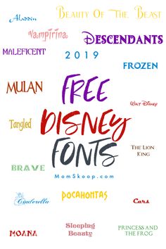 the disney font is shown in different colors