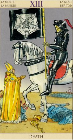 a tarot card with an image of a knight on horseback