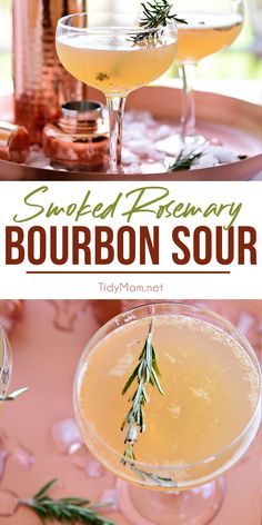 bourbon sour cocktail with rosemary garnish in coupe glasses on pink tray and text overlay that reads smoked rosemary bourbon sour