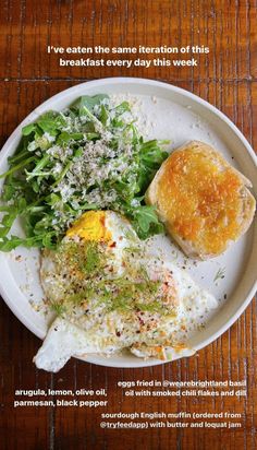 an image of a plate of food with eggs and greens on it that says, i've eaten the same preparation of this breakfast every day this week