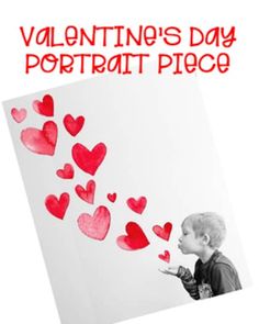 a young boy blowing out hearts on a postcard with the words valentine's day portrait piece