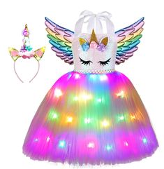 PRICES MAY VARY. Girls Unicorn Costume:Unicorn dress is very popular element fancy costume, Coupled with the design of rainbow LED lights,Set up excellent unicorn costumes for unicorn lovers, and your kids will be the best part of this amazing unicorn costume! Includes: 1 Unicorn rainbow LED light up dress+ 1 LED Light Up headband+1 Unicorn wings.(NOTE: Wings withnot lights,unicorn dress is not included battery,please purchase 3 x AAA batteries by yourself) Feels Soft: Made of superior quality p Girls Unicorn Costume, Light Up Tutu, Girl Unicorn Costume, Halloween Tutu Dress, Colorful Wings, Halloween Led Lights, Unicorn Wings, Birthday Party Outfit, Halloween Tutu