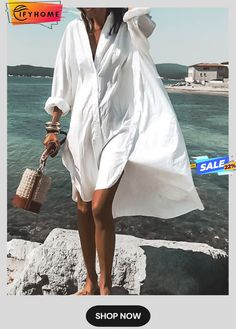 White Casual V Neck Plain Weaving Dress Loose Shirt Dress, Beach Party Dress, Shirt Dress Summer, Casual Long Sleeve Shirts, Shirt Dress Casual, Printed Shirt Dress, Moda Vintage, Dress Shirts For Women, White Shirt Dress