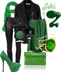 a green outfit with black pants and heels