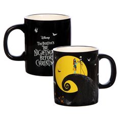 two black coffee mugs with the characters from disney's the nightmare before christmas