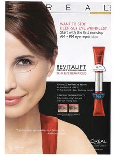 Celebrity Endorsement, Loreal Revitalift, Paris April, Deep Set Eyes, Wrinkle Repair, Eye Wrinkle