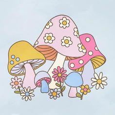 size: 12x12in Art Print: Friendly Fungi I by Victoria Barnes : Fairy Drop Art Mushroom, Colorful Mushrooms Art, Mystical Mushrooms Art, Cute Mushroom Design, Funky Mushroom Art, Painted Wood Mushrooms, Mushroom Illustration Trippy, Hippie Mushroom Art, Flowerpot Painting Ideas