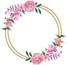 a circular frame with pink flowers and leaves