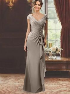 Sheath/Column V-Neck Short Sleeves Floor-Length Mother of the Bride Dr - Mondressy Champagne Dress For Mother Of The Bride, Dresses With Short Sleeves, Dresses With Ruffles, Bride Gown, Mother Of The Bride Gown, Champagne Dress, Bride Dresses, Chiffon Lace, Mother Of The Groom