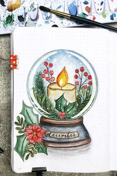 a drawing of a snow globe with a lit candle in it and holly wreaths