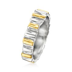 Ross-Simons - Two-Tone Sterling Silver Ridged Ring Size 9. This polished ring would make an artful addition to any stack. Sterling silver and 18kt yellow gold over sterling silver alternate in an alluring ridged design. The two-tone style makes it a versatile look that will easily mix with your regular jewelry rotation. 3/16" wide. Two-tone sterling silver ridged ring. Fine Jewelery, Two Tone, Two By Two, Ring Size, Size 7, Yellow Gold, Size 6, Sterling Silver, Ring