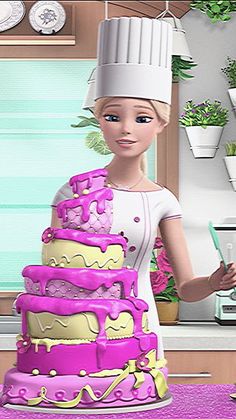 a woman in a chef's hat is standing next to a cake