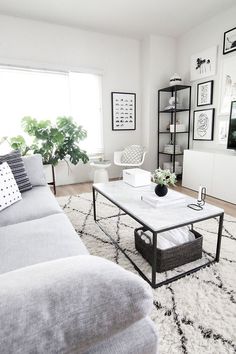 a living room filled with furniture and pictures hanging on the wall above a coffee table