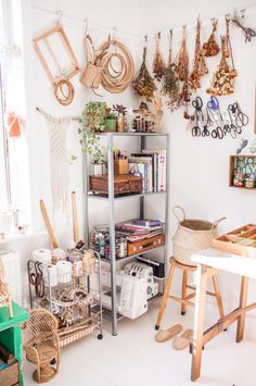 a room filled with lots of different items and hanging baskets on the wall above it