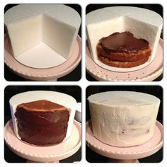 four different views of a cake on a plate