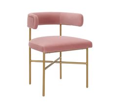 a pink velvet chair with gold frame and back support, viewed from the front angle