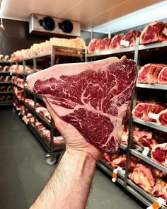 a hand holding up a piece of meat in front of shelves full of raw meat