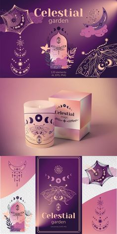 the packaging design for celestial garden is shown in purple and pink tones, with an intricate pattern