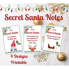 four secret santa notes on a marble surface with christmas decorations and gold ornaments around them