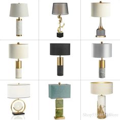 the different lamps are shown in various colors and sizes, including black, white, green, blue, gold