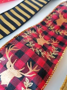 three different types of christmas ribbon on a white table with red and black checkered fabric