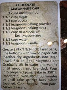 a recipe card for chocolate mayonnaise cake