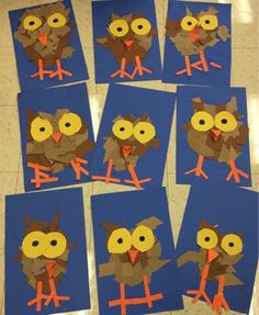 four pictures of an owl made out of construction paper and cut outs on the floor