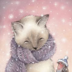 a painting of a cat wearing a scarf next to a bird on a pink background