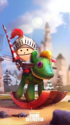 a cartoon character riding on top of a green dinosaur in front of a windmill and sky