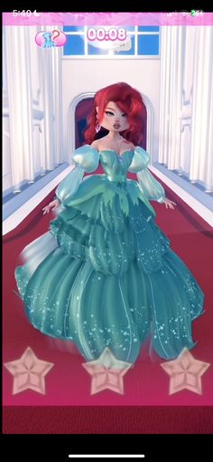 an animated image of a woman in a green dress on a red carpet with stars