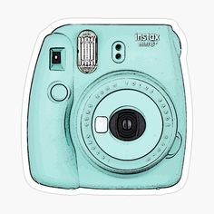 an instax camera sticker is shown in this image, it's light blue