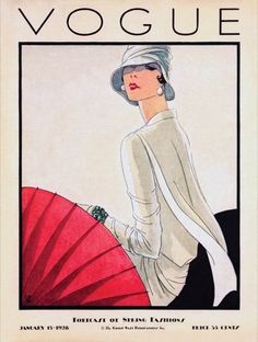 an illustration of a woman in a white dress and hat holding a red parasol