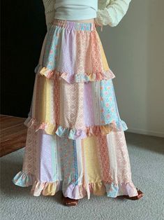 Alien Kitty Cake Skirts Women A-Line Stylish Patchwork Printed Ruffles Autumn Chic Loose 2023 Gentle Unrealistic Clothes, Homemade Skirts, Patchwork Aesthetic, Sewing Skirt, Autumn Chic, Kitty Cake, Quilted Skirt, Tiered Ruffle Skirt, Body Measurement