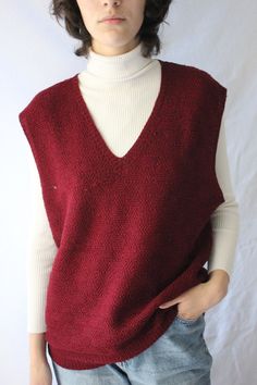 Vintage red v neck knit basic vest gilet 1980s, size L 🌿 Vintage Classic red Vest with V-Neck This splendid knitted vest with a V-neck is the perfect addition to your everyday style.  🧣 Classic Design: The V-neck design adds a stylish and practical touch to your ensemble.  Great Gift Idea: 💼 Versatile Style: Pairs well with various wardrobe items, from shirts to T-shirts. This vest adds a finishing touch and sophistication to your everyday life. Enrich your wardrobe with practical style using Red Vest Outfits For Women, Knitted V-neck Vest For Fall, Vintage Red Sweater Vest For Fall, Red Vest Outfit, Red Knit Sleeveless Vest, Vintage V-neck Sweater Vest For Winter, Red V-neck Sweater Vest For Winter, Red Sleeveless Knit Sweater Vest, Casual Red V-neck Vest