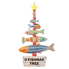 a wooden christmas tree with fish on it