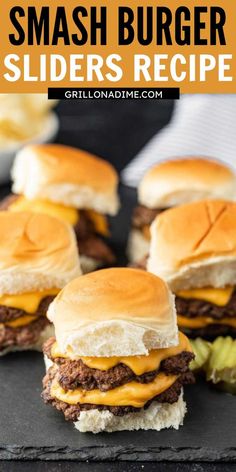 three cheeseburger sliders with pickles on the side and text overlay