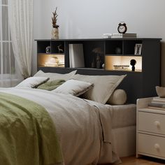 a bedroom with a bed, night stand and nightstands