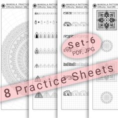 8 practice sheets with the instructions for how to make an intricate lace doily pattern