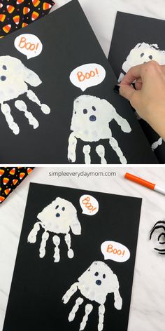 two pictures of handprints with the words boo on them and an orange marker