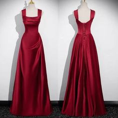 Satin Square Collar A-line Evening Dresses Spaghetti Straps Sleeveless Pleated Cocktail Gown Elegant Red Prom Dress Lace Up Back, Red Gown Ball, Red Gowns Elegant, Lace Up Prom Dress, Gown Patterns, Red Lace Prom Dress, Circle Glasses, Classic Prom Dress, Evening Dress Patterns